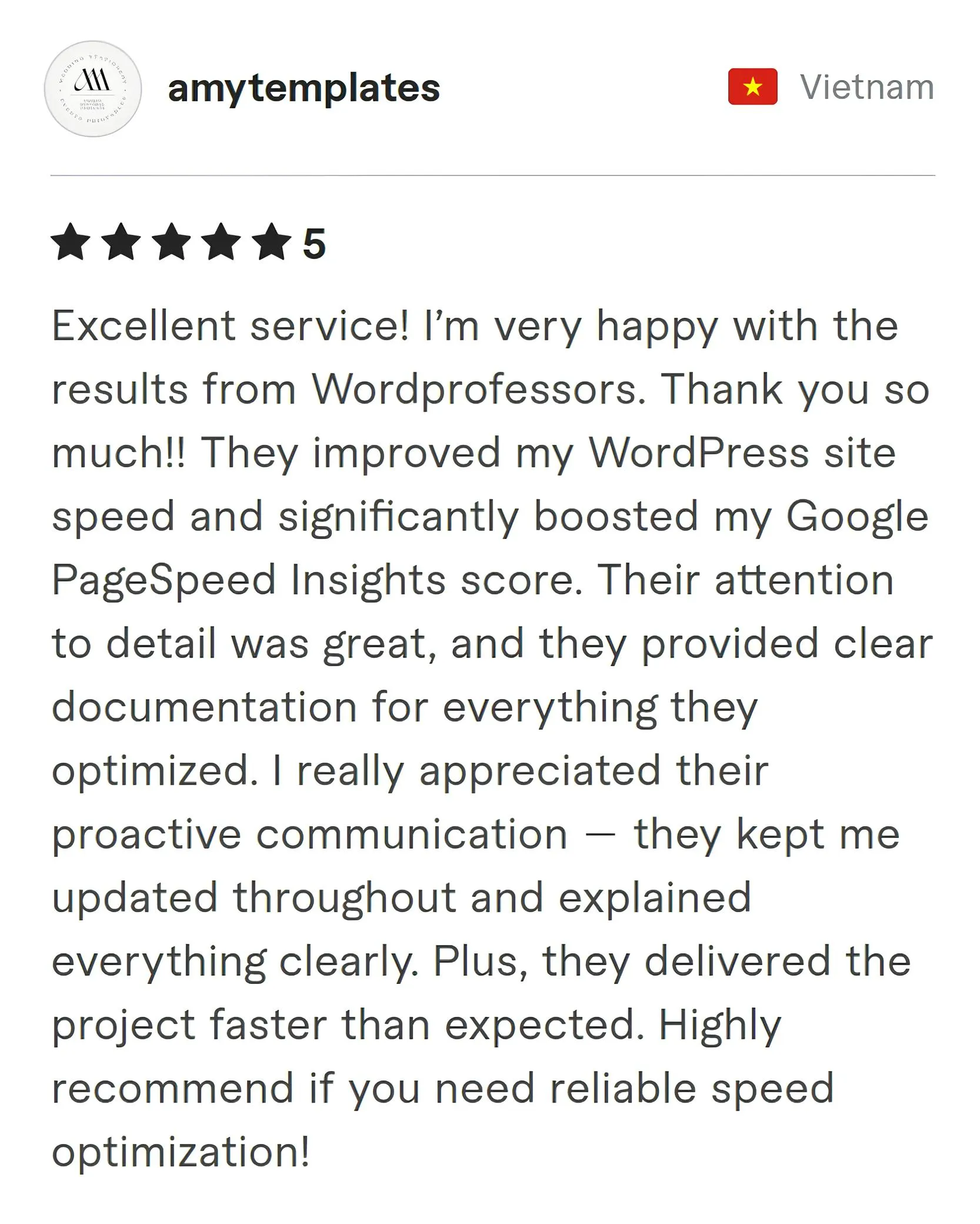 Amytemplates Fiverr review Screenshot of Fiverr review from Amytemplates
