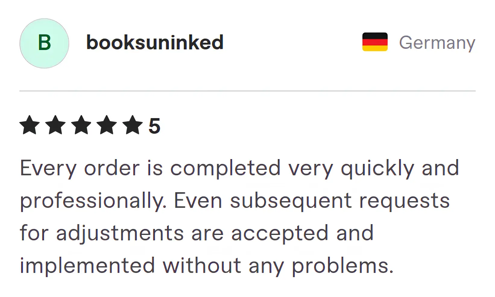 Booksuninked Fiverr review Screenshot of Fiverr review from Booksuninked