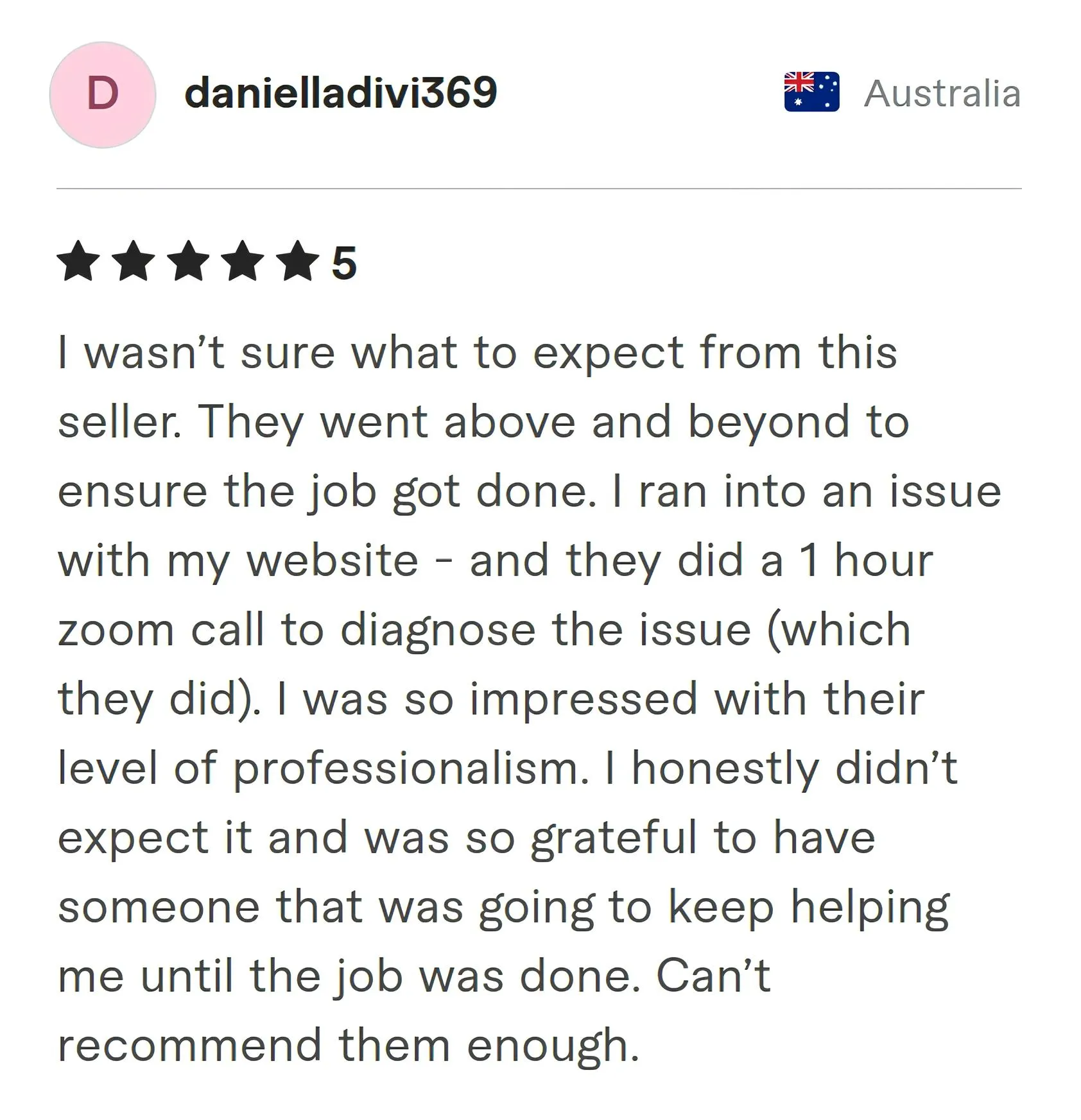Danielladivi369 Fiverr review Screenshot of Fiverr review from Danielladivi369