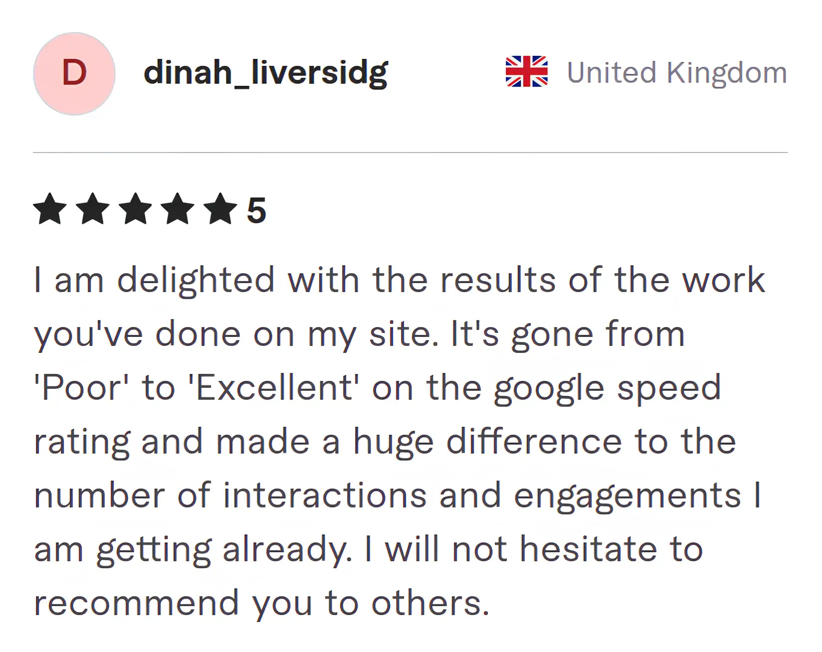 Dinah Liversidg Fiverr review Screenshot of Fiverr review from Dinah Liversidg