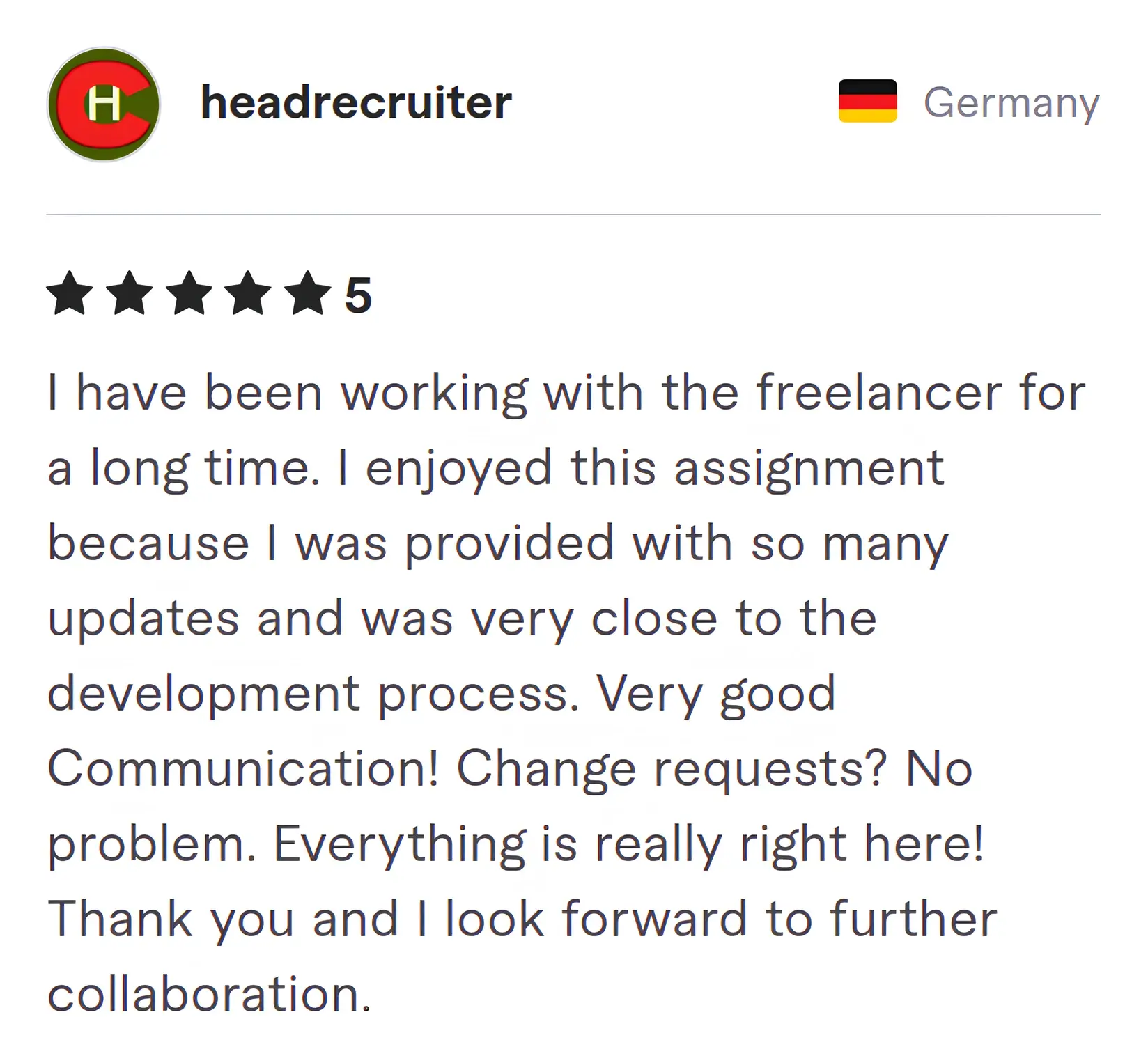 Headrecruiter Fiverr review Screenshot of Fiverr review from Headrecruiter