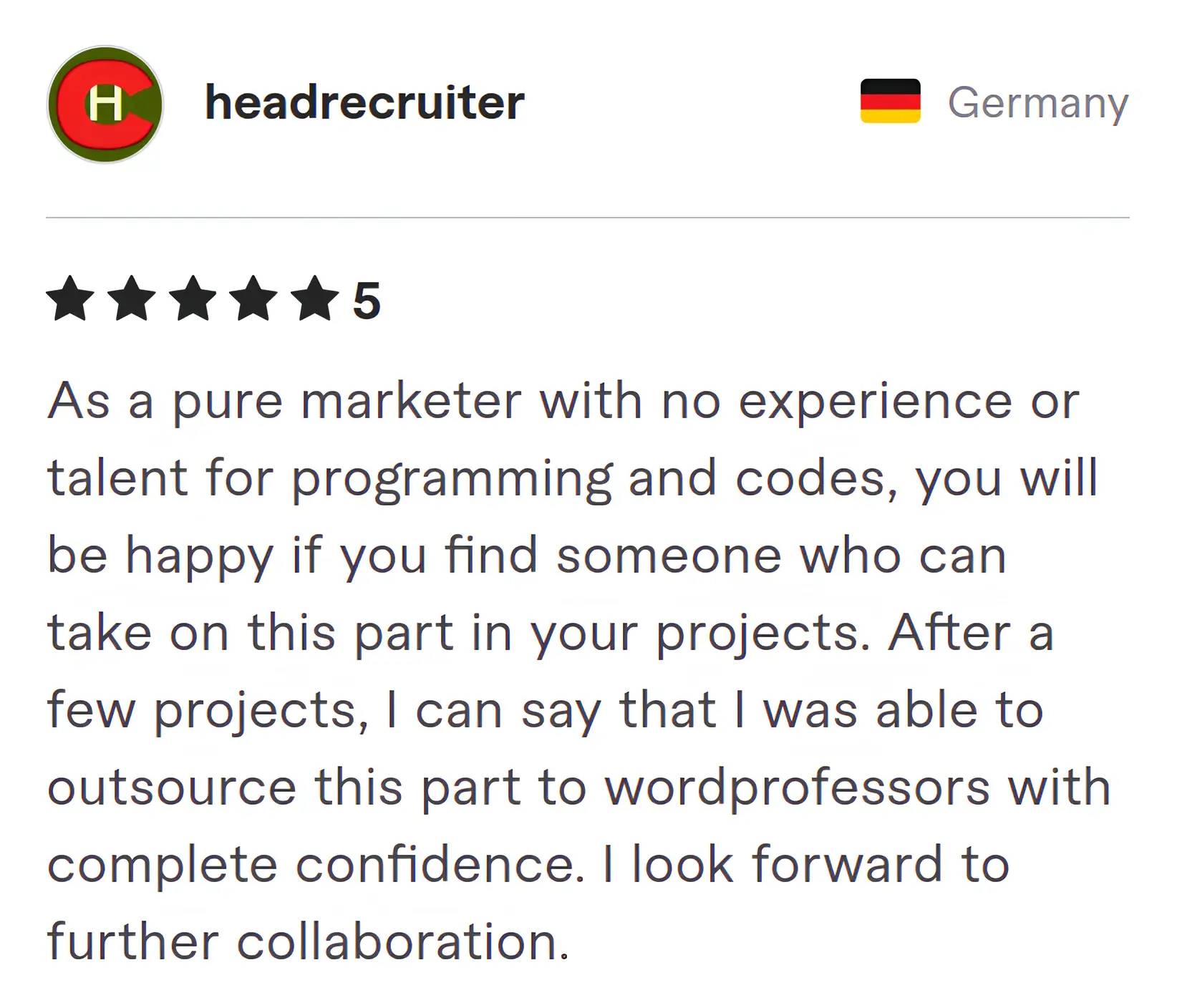Headrecruiter Fiverr review Screenshot of Fiverr review from Headrecruiter