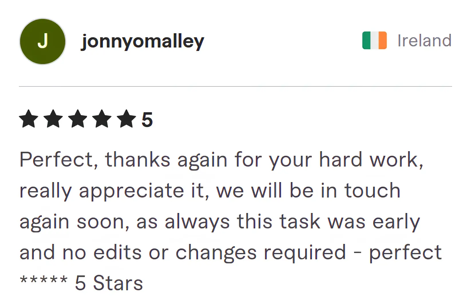 Jonny Omalley Fiverr review Screenshot of Fiverr review from Jonny Omalley