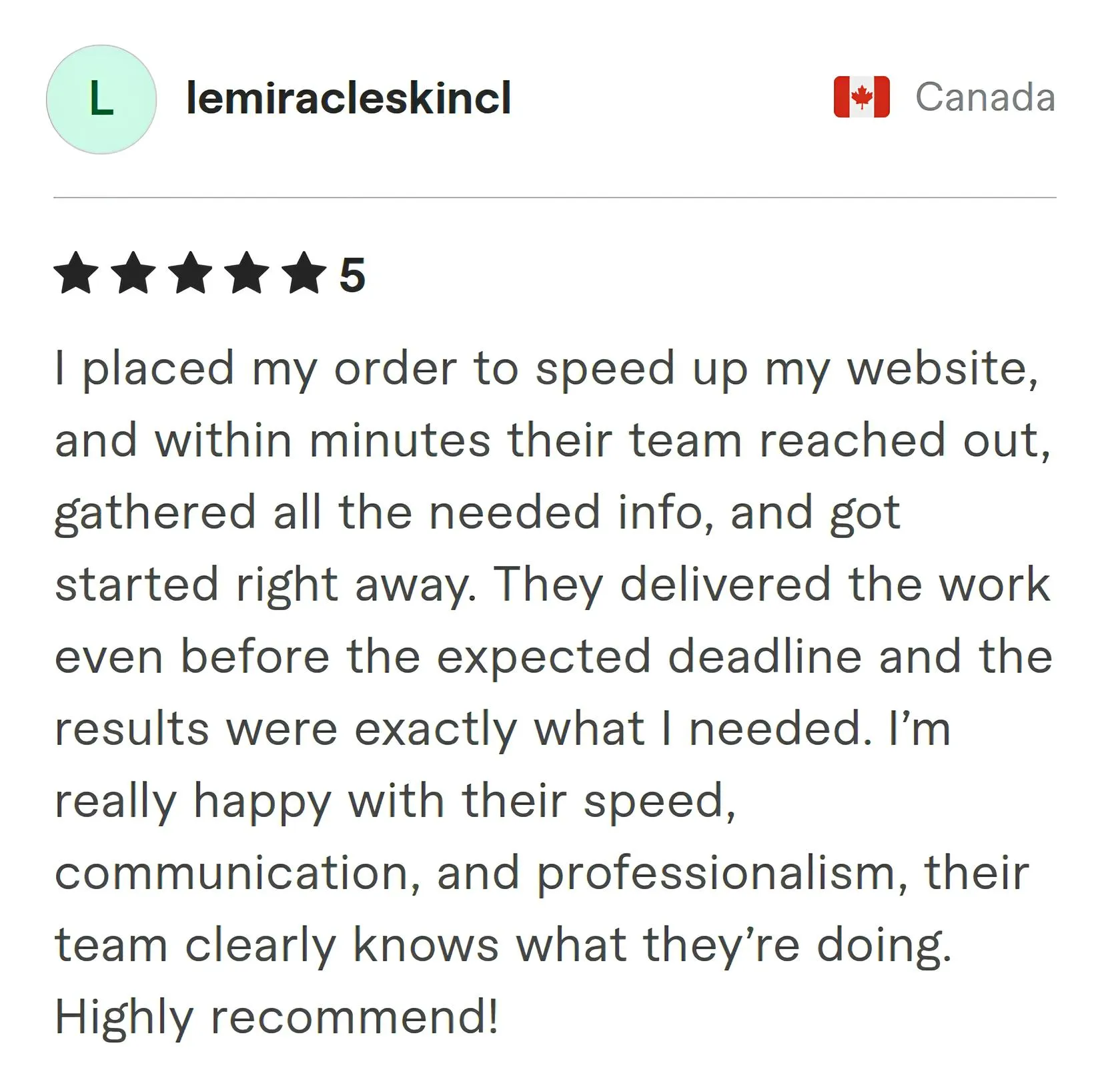 Lemiracleskincl Fiverr review Screenshot of Fiverr review from Lemiracleskincl