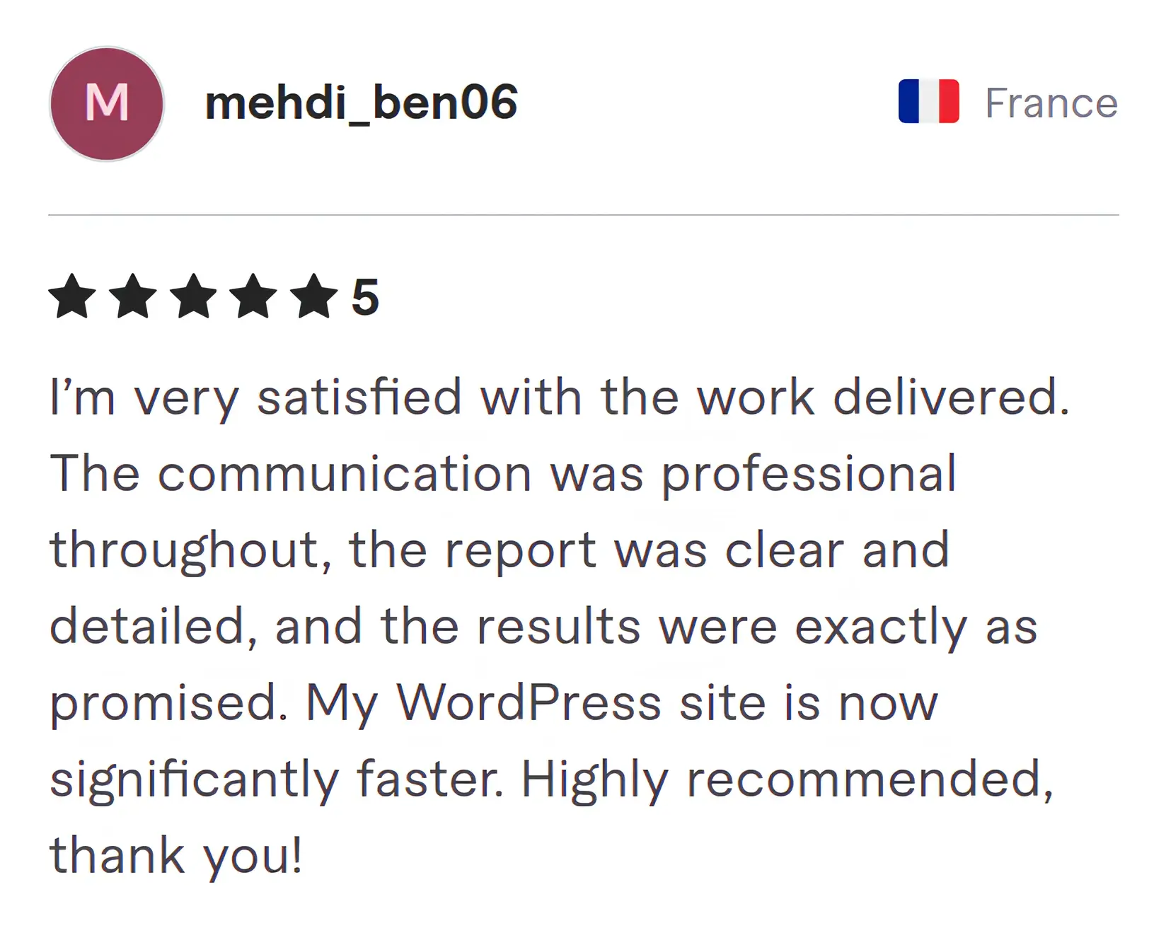 Mehdi Ben06 Fiverr review Screenshot of Fiverr review from Mehdi Ben06
