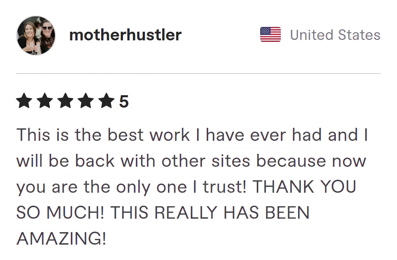 Motherhustler Fiverr review Screenshot of Fiverr review from Motherhustler