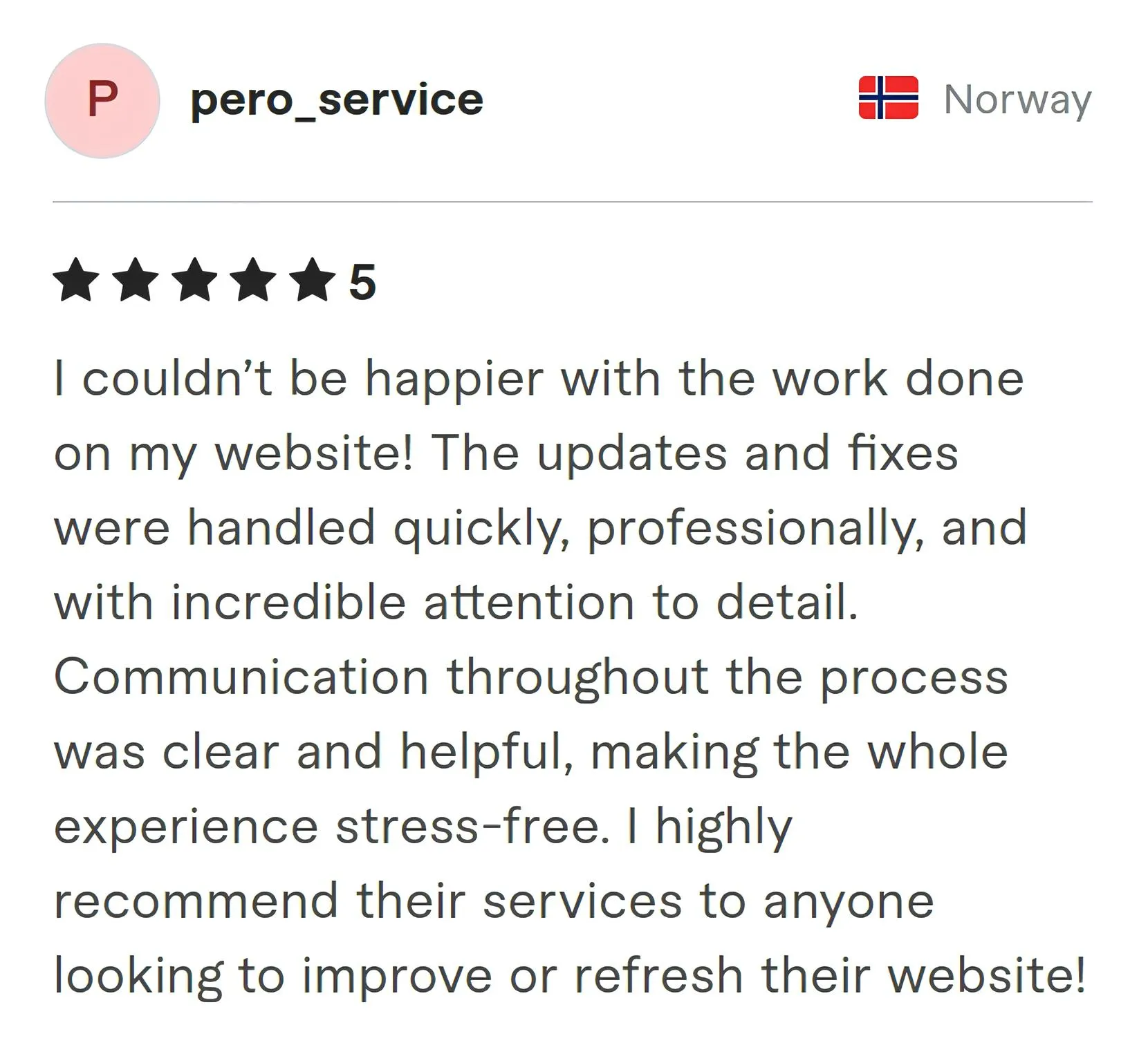 Pero Service Fiverr review Screenshot of Fiverr review from Pero Service