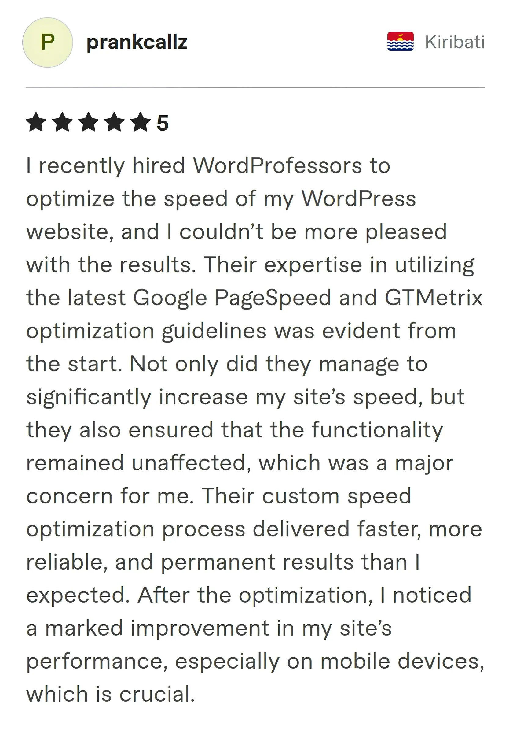 Prankcallz Fiverr review Screenshot of Fiverr review from Prankcallz