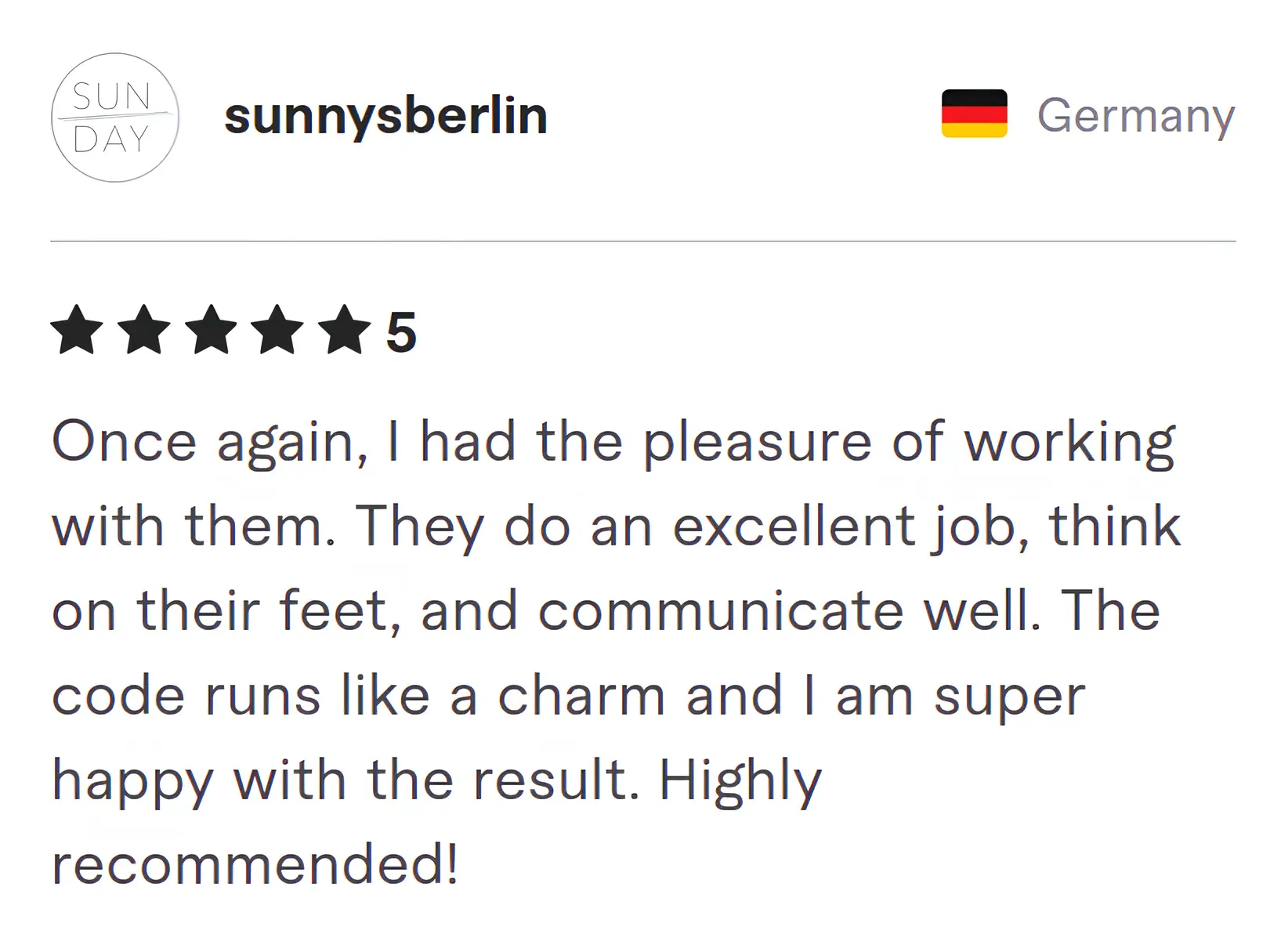 Sunnysberlin Fiverr review Screenshot of Fiverr review from Sunnysberlin