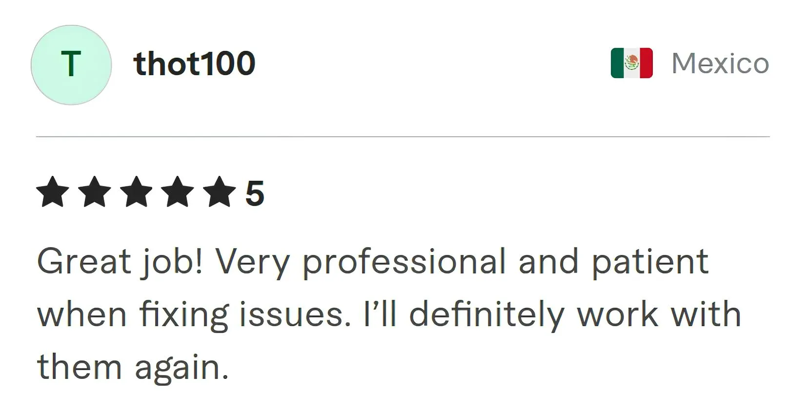 Thot100 Fiverr review Screenshot of Fiverr review from Thot100